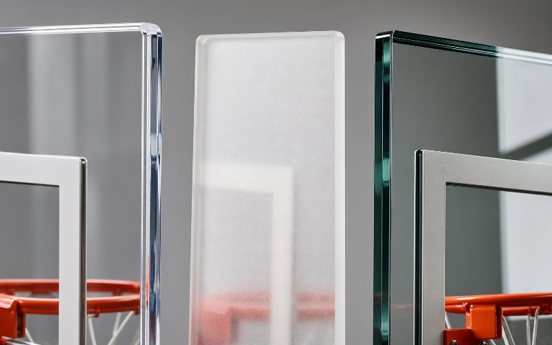 Close-up comparison of acrylic, polycarbonate, and tempered glass basketball backboard materials, highlighting their differences in clarity and thickness.