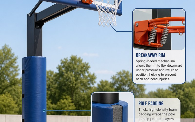 A basketball hoop with safety padding and clear markings indicating compliance with international safety standards.