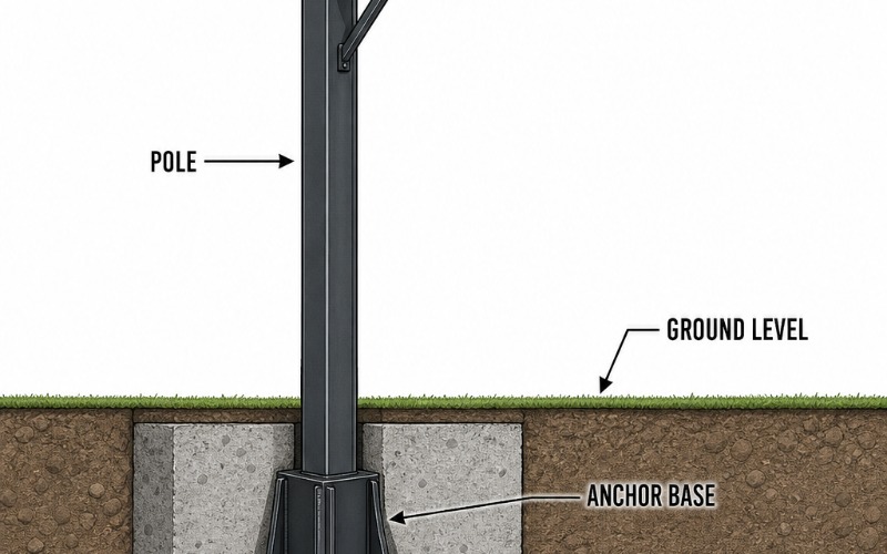 Diagram showing the components of an in-ground basketball hoop system including anchor, pole, extension arm, backboard, and rim.