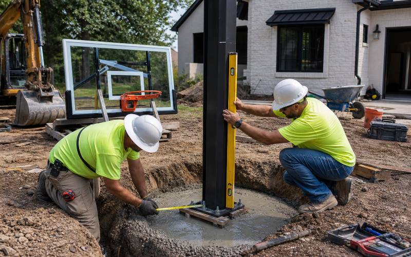 An in-ground basketball hoop being installed with concrete poured around its base, highlighting its permanent fixture.
