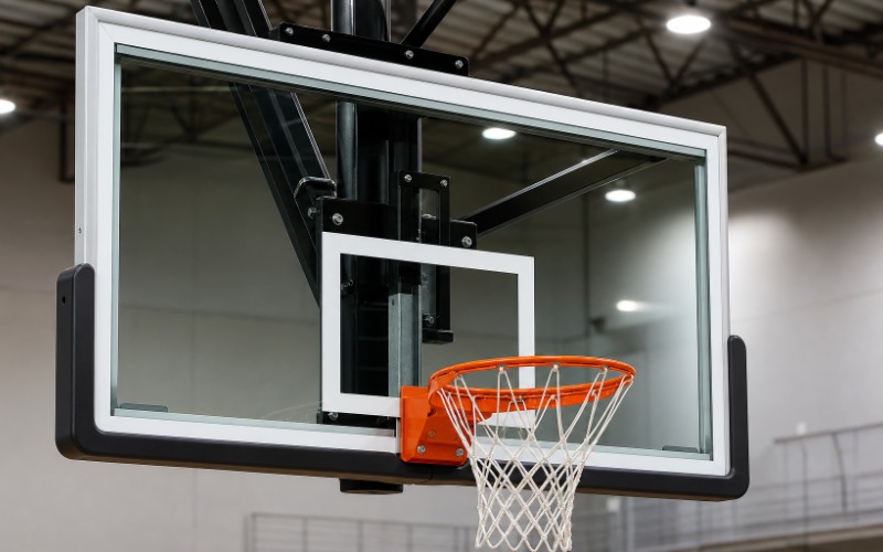 A detailed view of a tempered glass basketball backboard with a standard 18-inch rim on an indoor court, emphasizing material quality and official dimensions.
