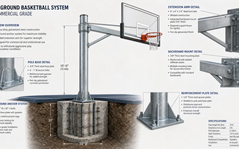 A detailed illustration of an in-ground basketball hoop's heavy-duty steel pole, anchor system, and extension arm, showcasing the robust engineering required for commercial installations.
