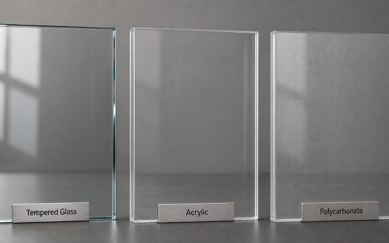 Close-up comparison of tempered glass, acrylic, and polycarbonate backboard materials showing their typical appearance and thickness.