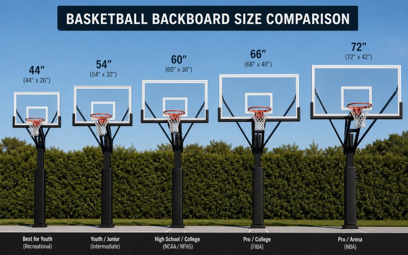 Diagram showing standard basketball backboard sizes with measurements in inches