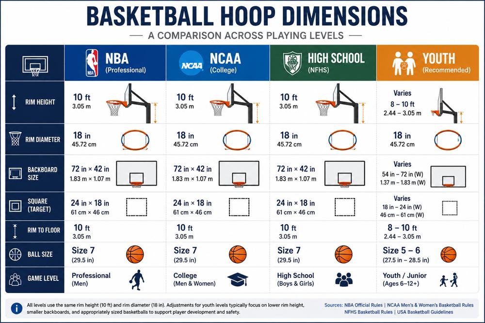 Infographic comparing basketball hoop dimensions across NBA, NCAA, high school, and youth levels