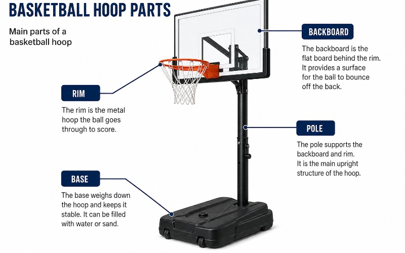 Diagram of basketball hoop parts including backboard, rim, pole, and base