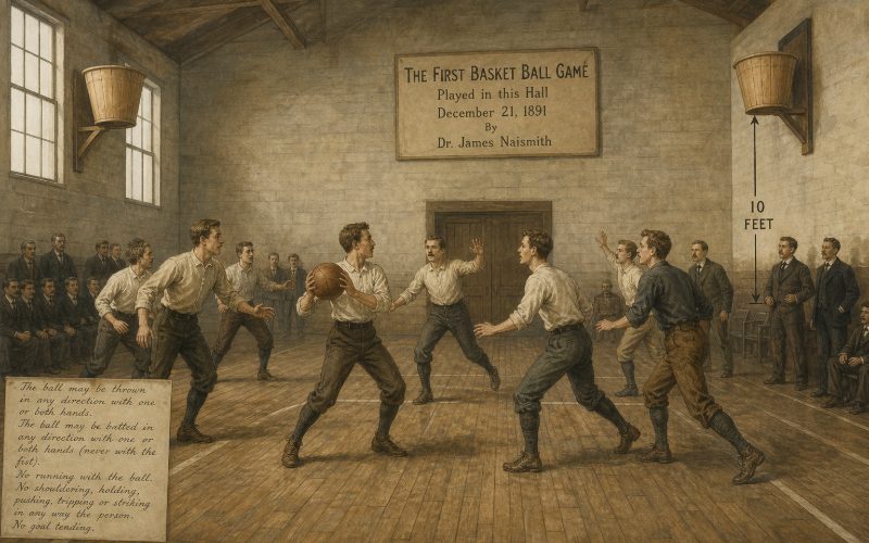 Historical illustration of the first basketball game with peach baskets at 10 feet