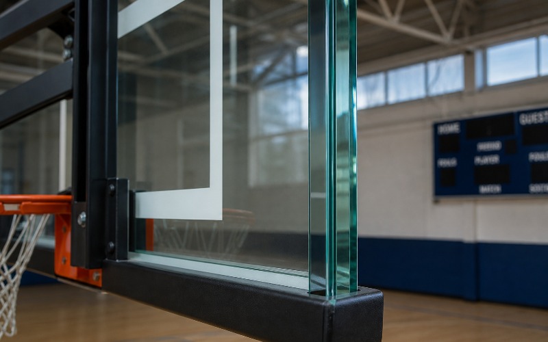 Close-up of a tempered glass backboard showing its thickness and transparency