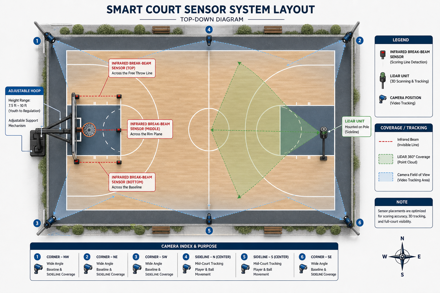 Sensor integration layout around an adjustable basketball hoop