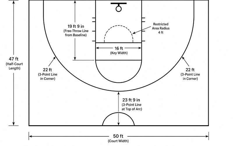 Half court dimensions diagram with hoop, foul line, and three-point line distances