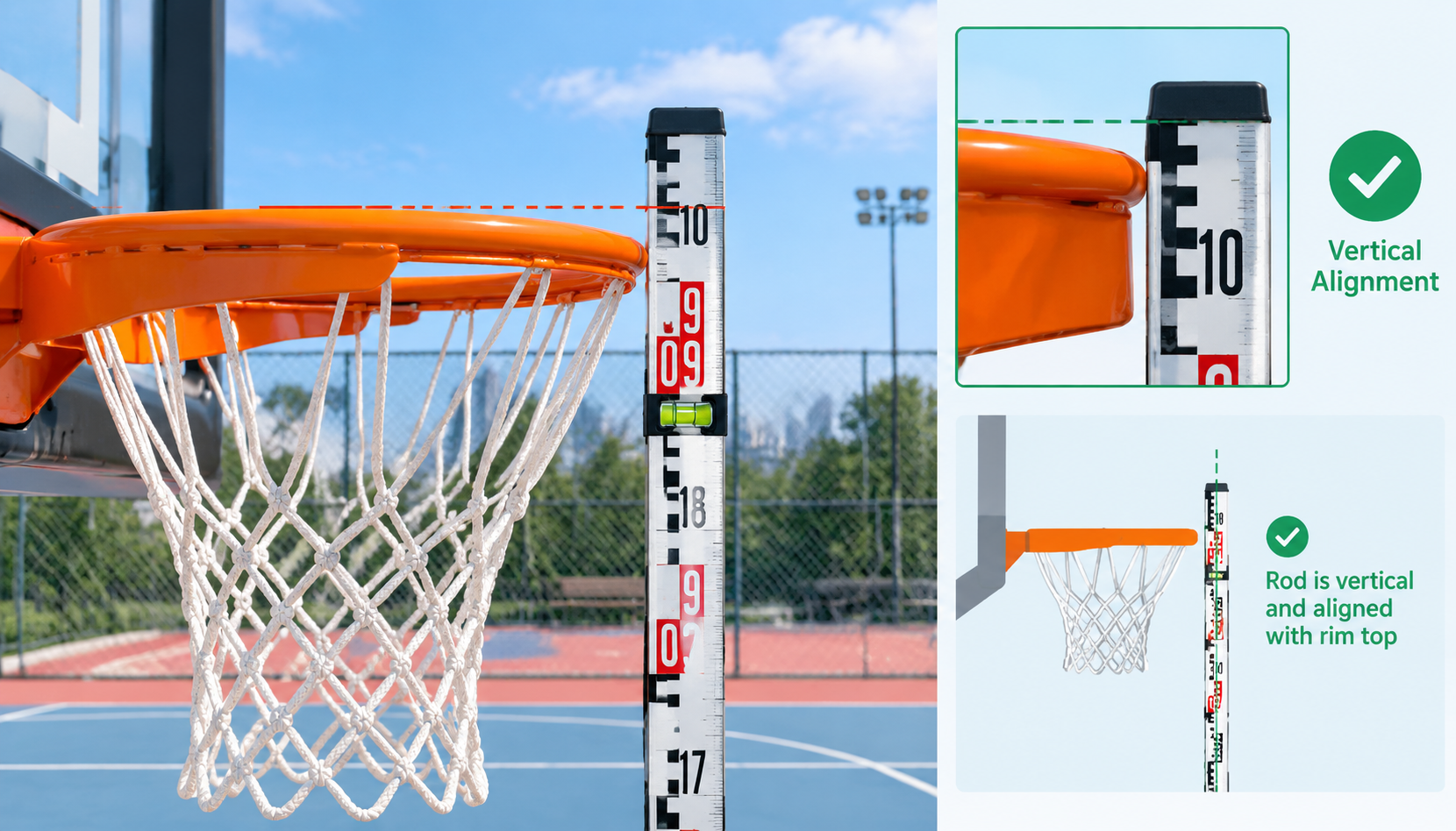Illustration showing correct measurement technique from finished court floor directly to the top edge of the basketball rim
