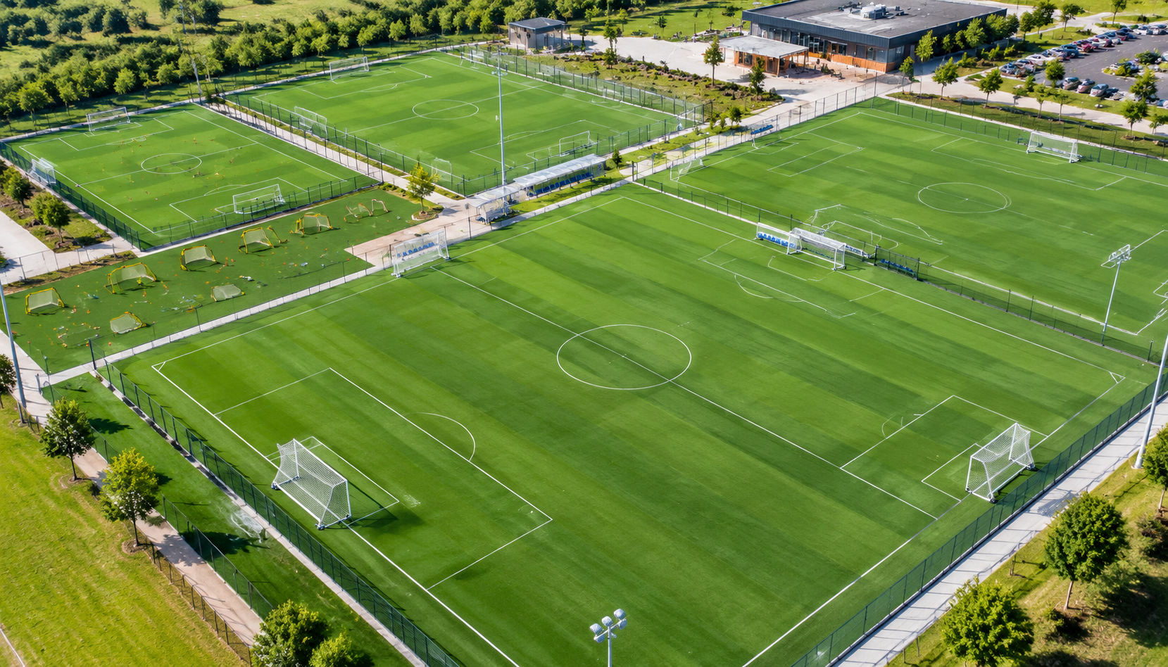Sports facility layout displaying portable soccer goals, futsal equipment, and youth training goals